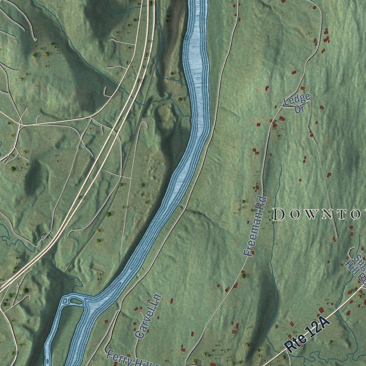Close-up of the map of Plainfield, New Hampshire print showing street and building detail