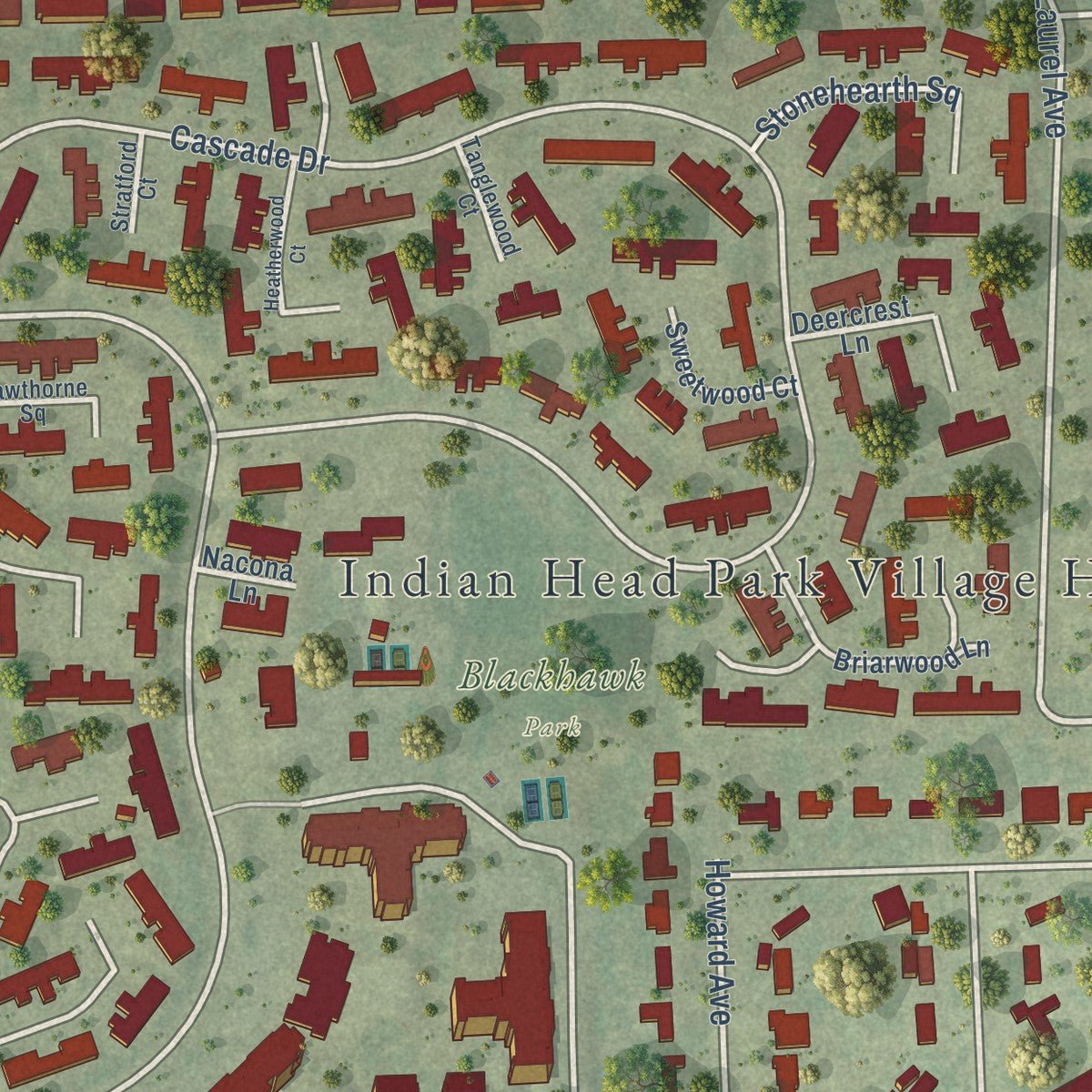 Close-up of the map of Indian Head Park, Illinois print showing street and building detail