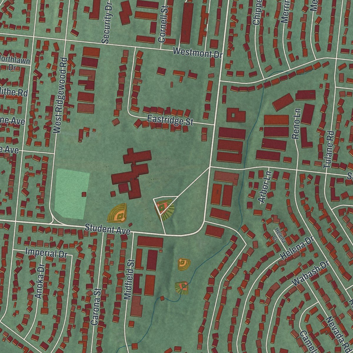 Close-up of the map of Northridge, Ohio print showing street and building detail