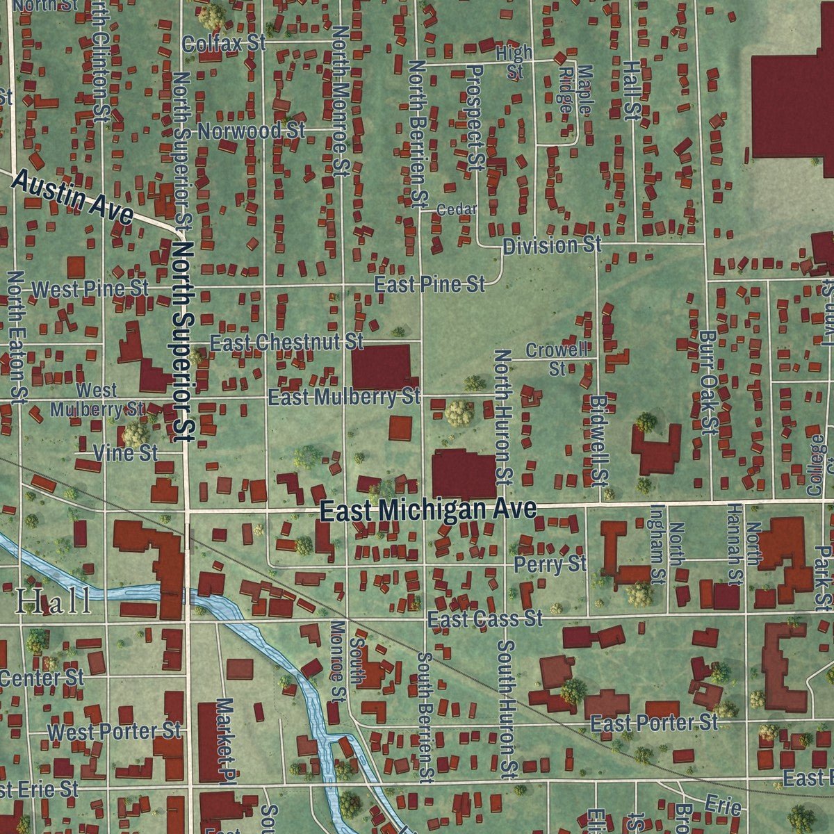 Close-up of the map of Albion, Michigan print showing street and building detail