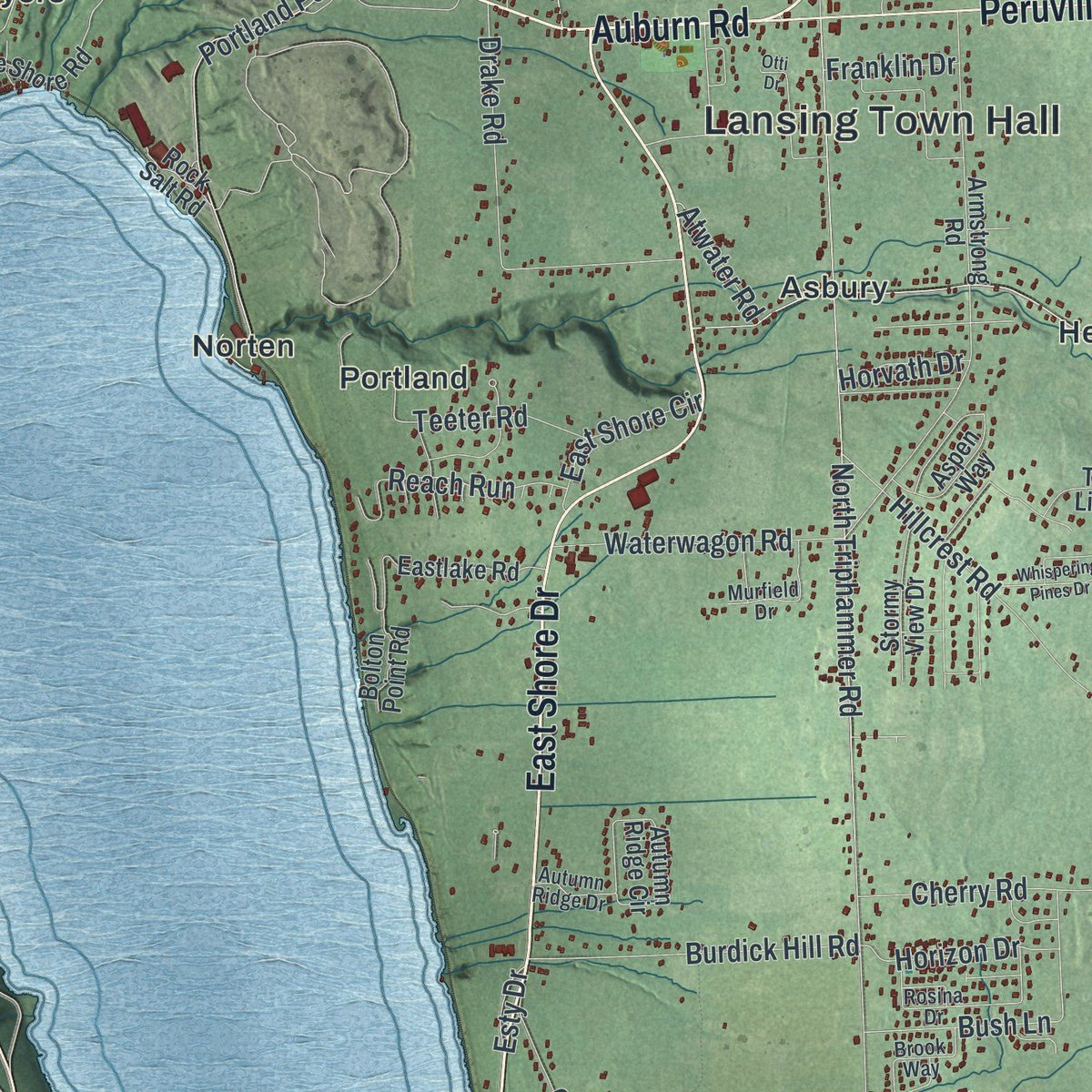Close-up of the map of the Town of Lansing, New York print showing street and building detail
