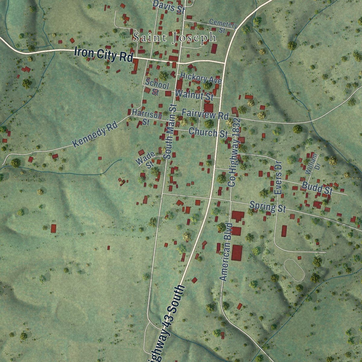Close-up of the map of St. Joseph, Tennessee print showing street and building detail