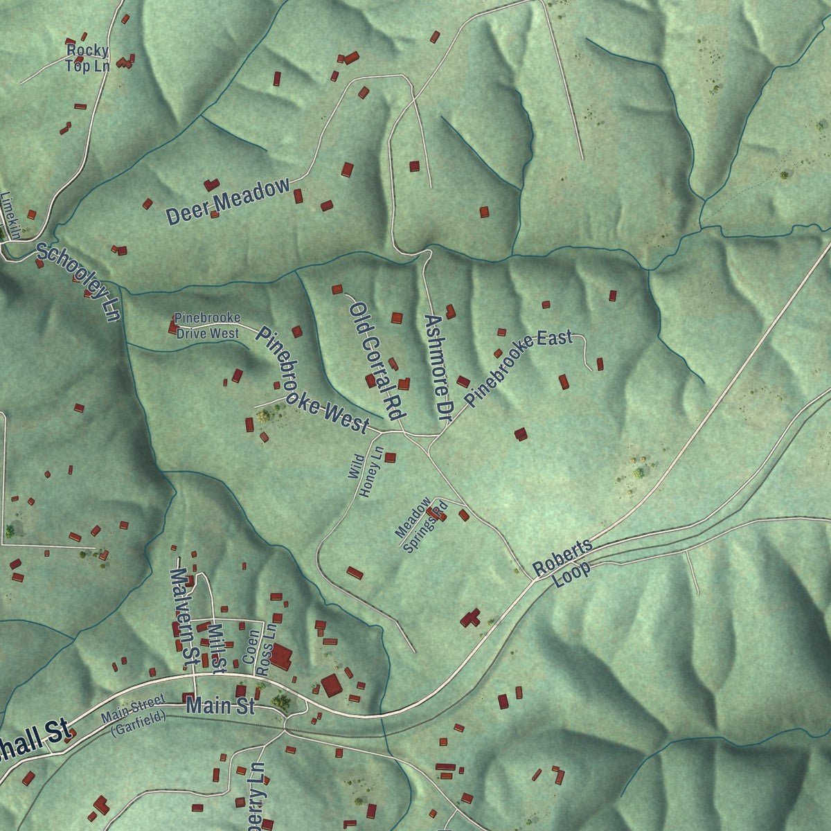 Close-up of the map of Garfield, Arkansas print showing street and building detail