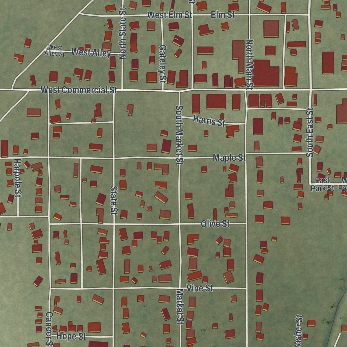 Close-up of the map of Senath, Missouri print showing street and building detail