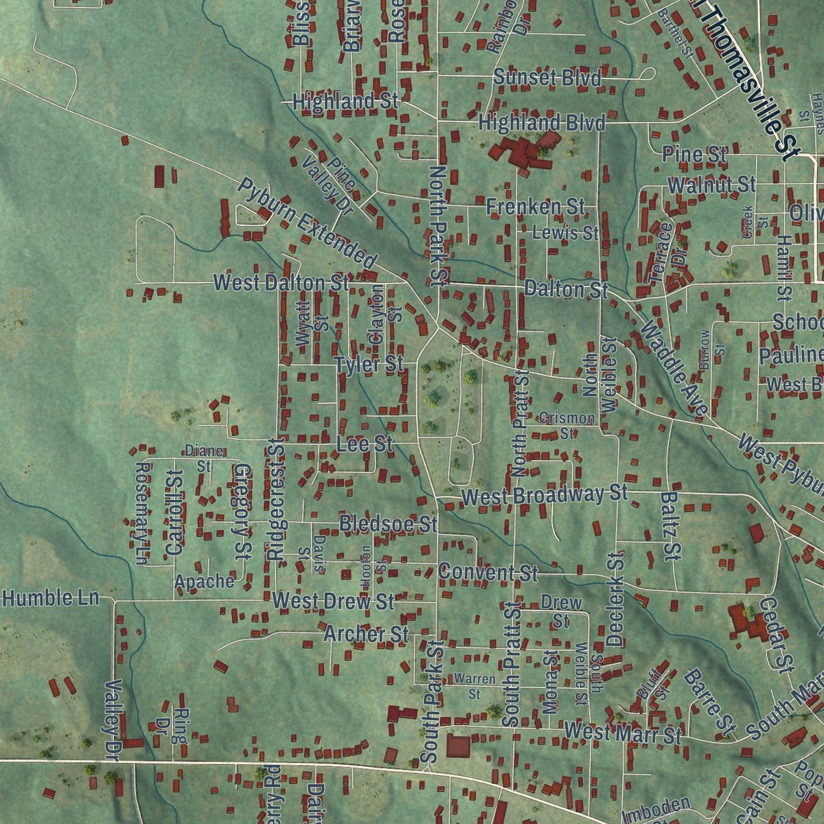Close-up of the map of Pocahontas, Arkansas print showing street and building detail