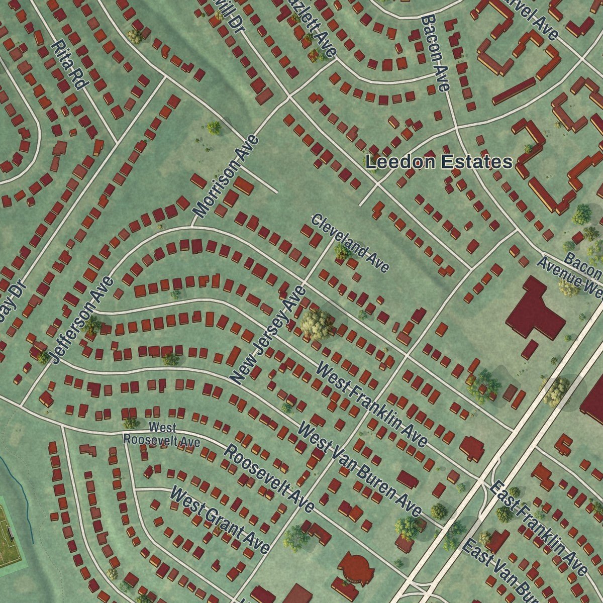 Close-up of the map of Wilmington Manor, Delaware print showing street and building detail