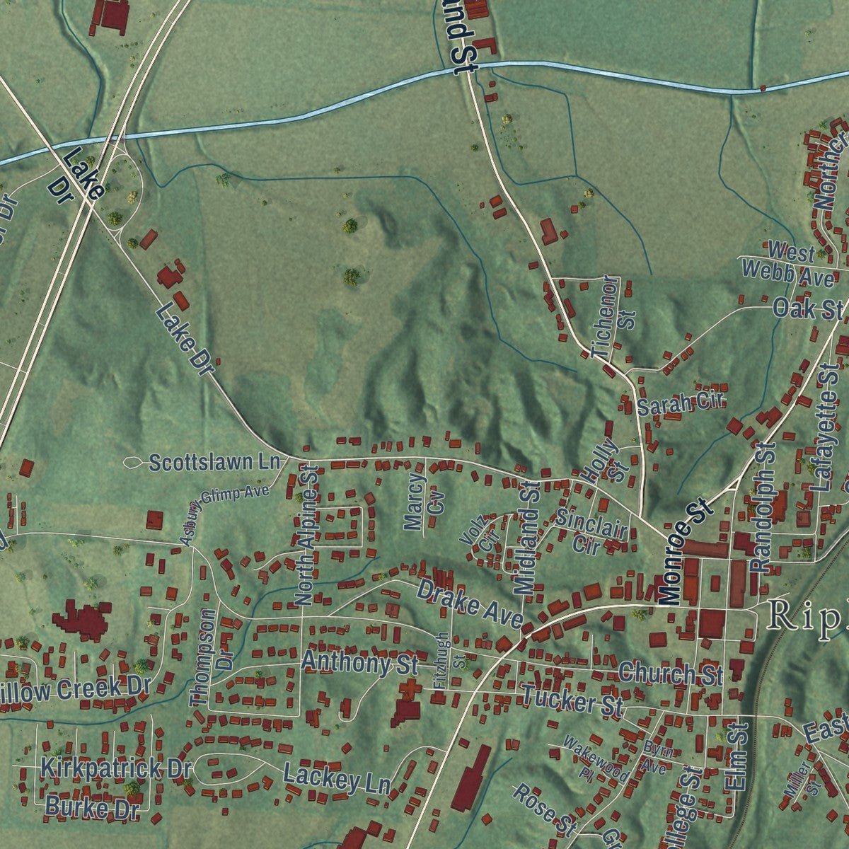 Close-up of the map of Ripley, Tennessee print showing street and building detail