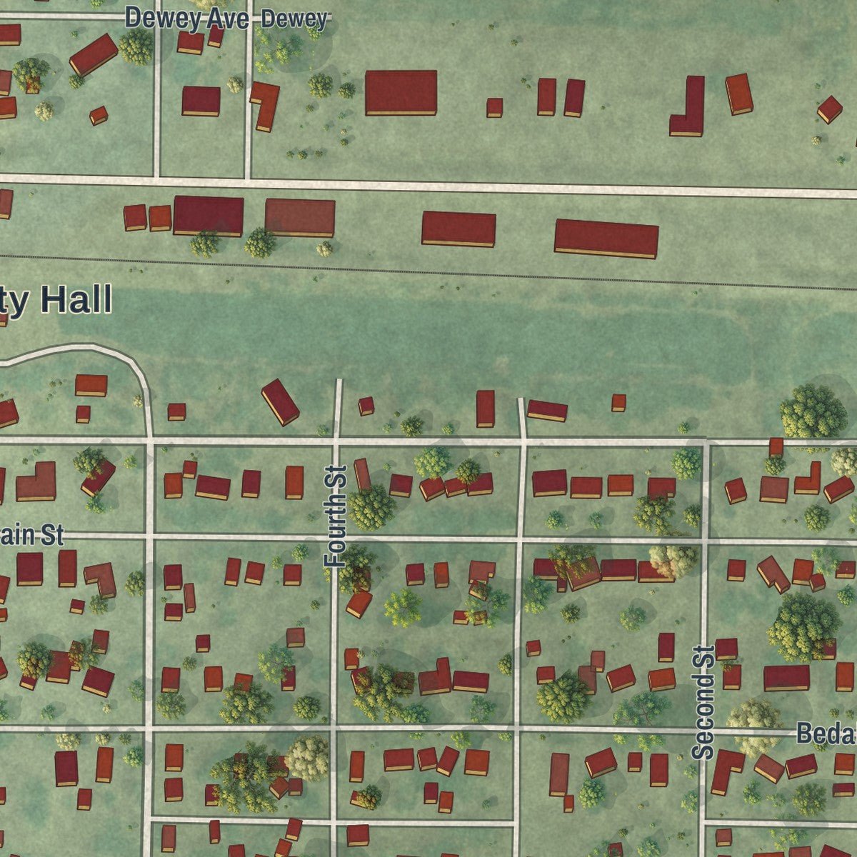 Close-up of the map of Walnut Grove, Minnesota print showing street and building detail