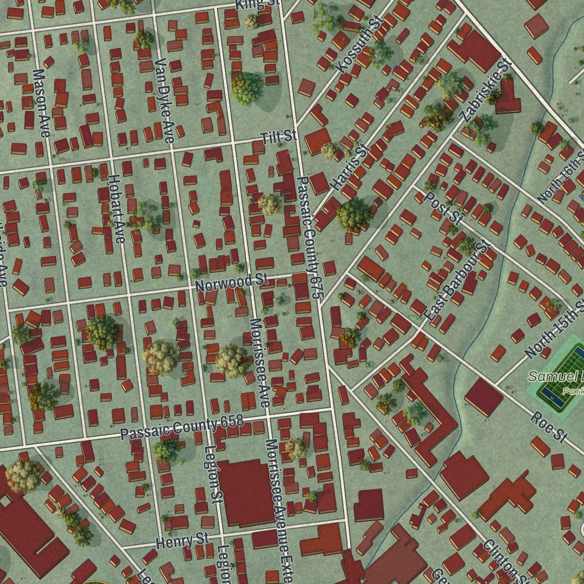 Close-up of the map of Haledon, New Jersey print showing street and building detail