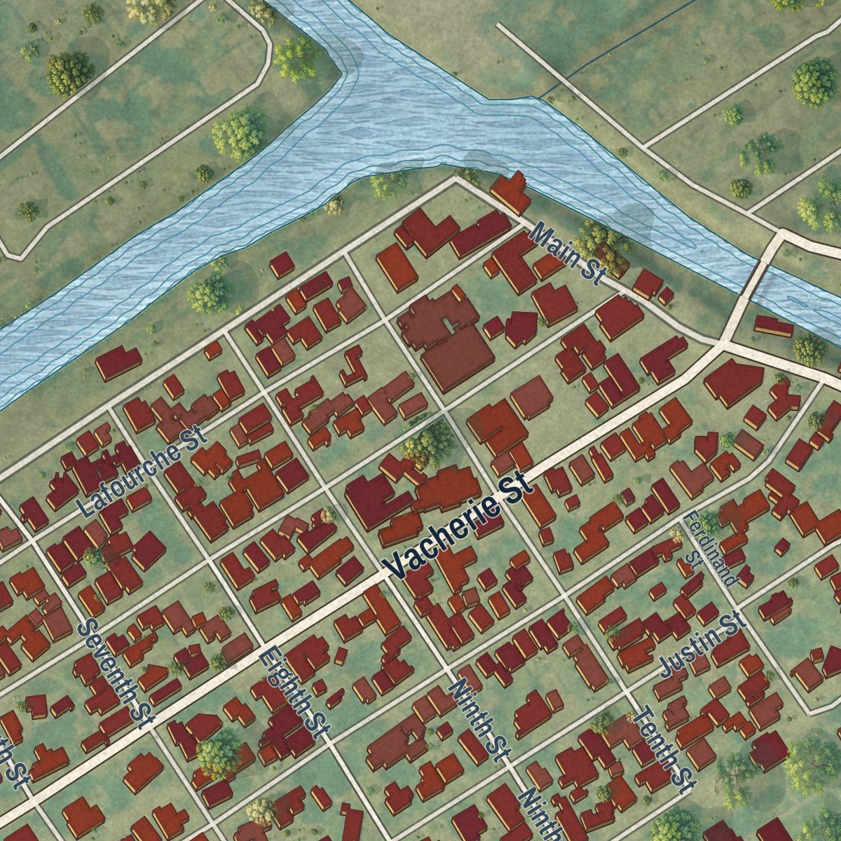 Close-up of the map of Lockport, Louisiana print showing street and building detail