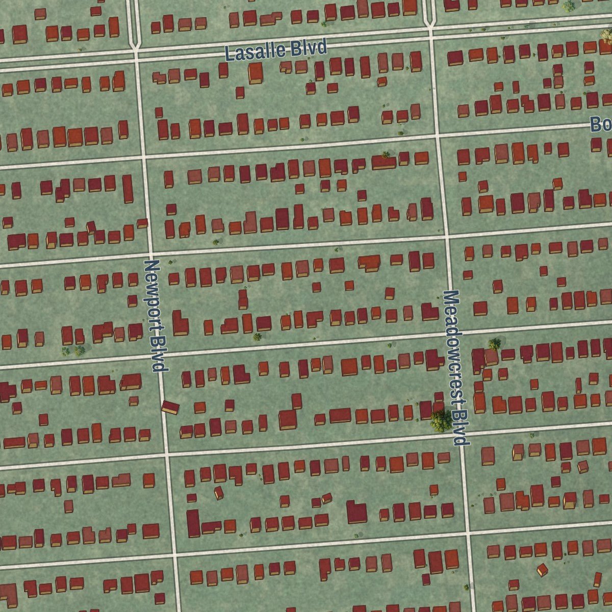 Close-up of the map of Huntington Woods, Michigan print showing street and building detail