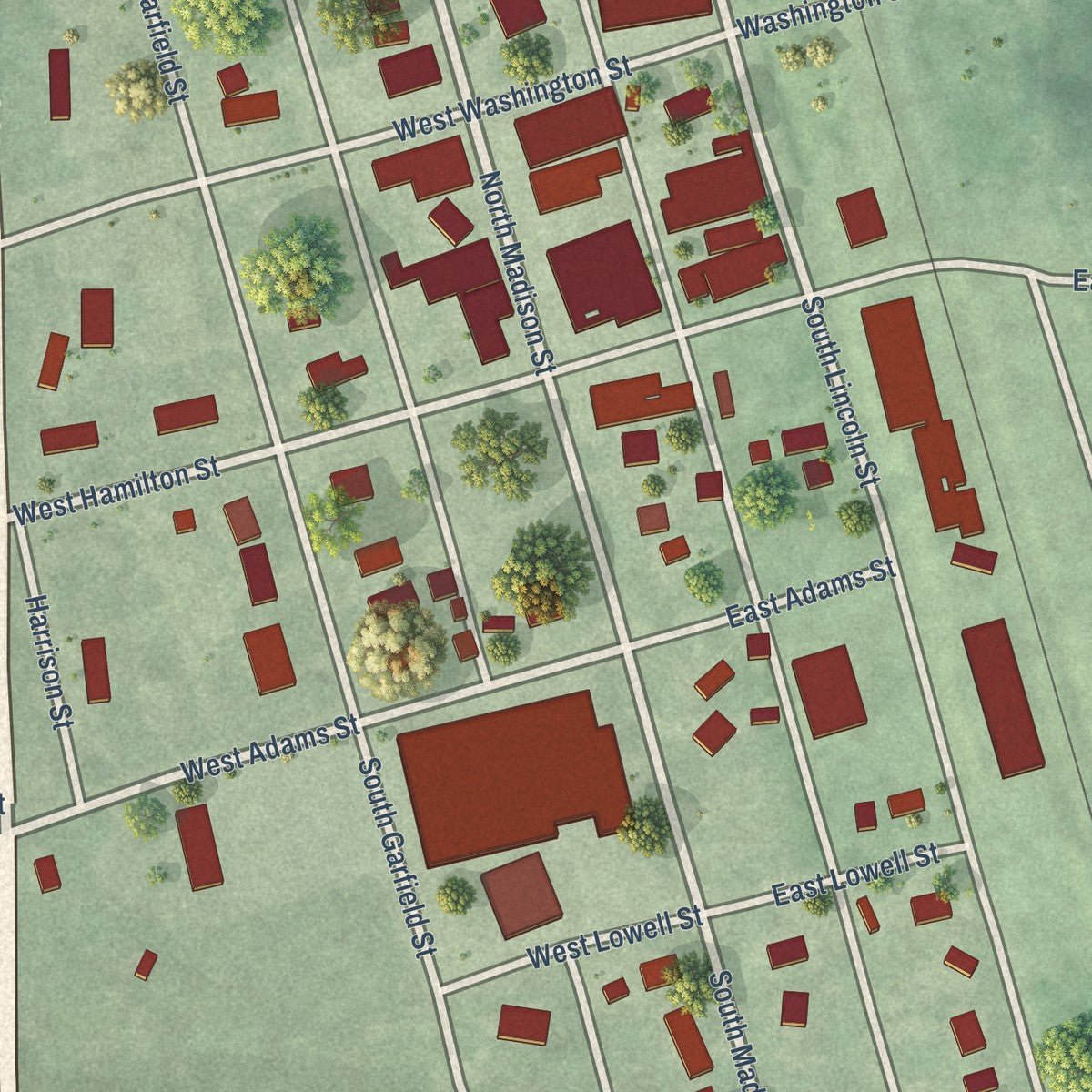Close-up of the map of Brainard, Nebraska print showing street and building detail