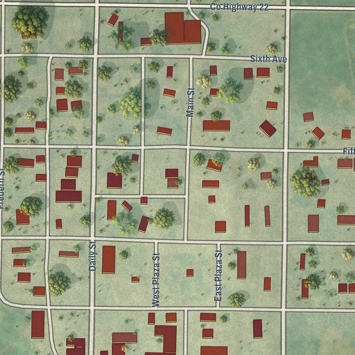 Close-up of the map of Ryder, North Dakota print showing street and building detail