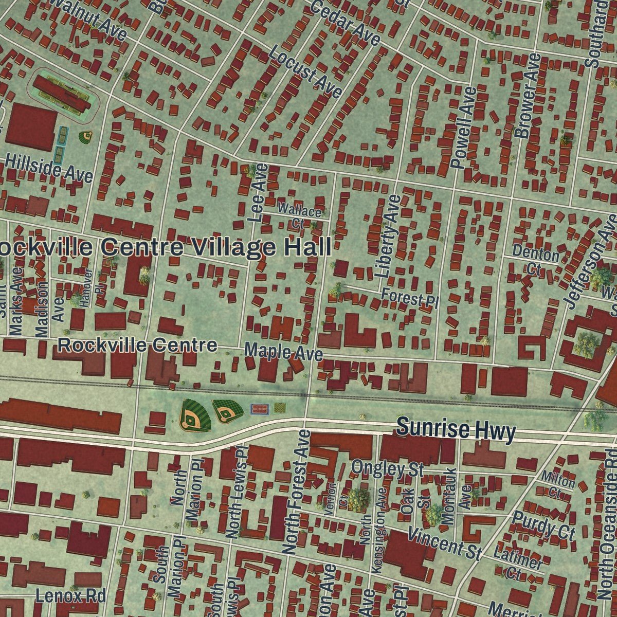 Close-up of the map of Rockville Centre, New York print showing street and building detail