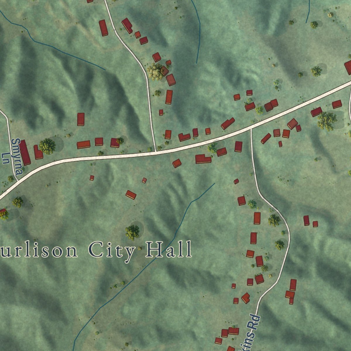 Close-up of the map of Burlison, Tennessee print showing street and building detail