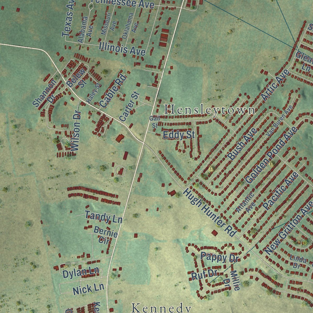 Close-up of the map of Oak Grove, Kentucky print showing street and building detail