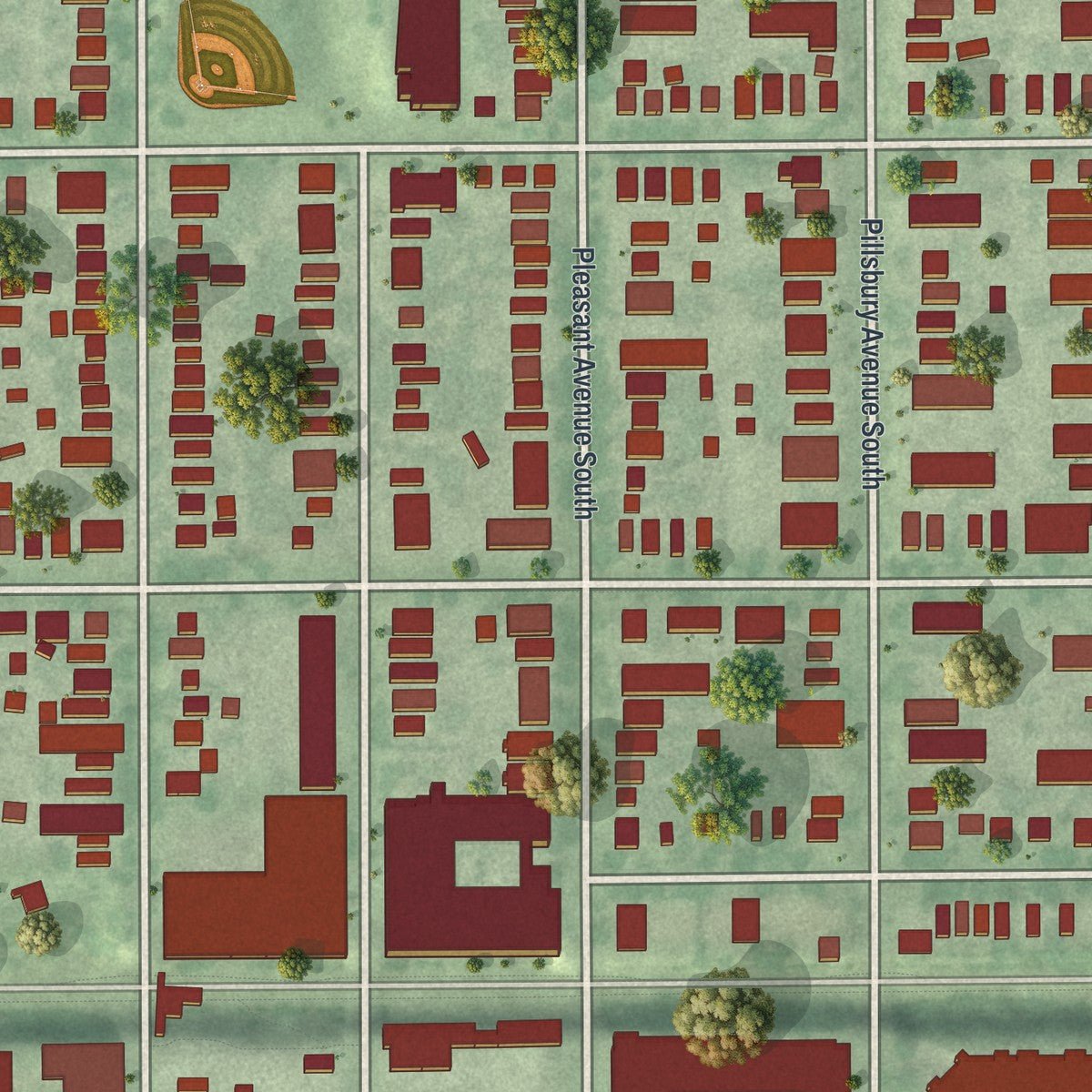 Close-up of the map of Whittier, Minnesota print showing street and building detail