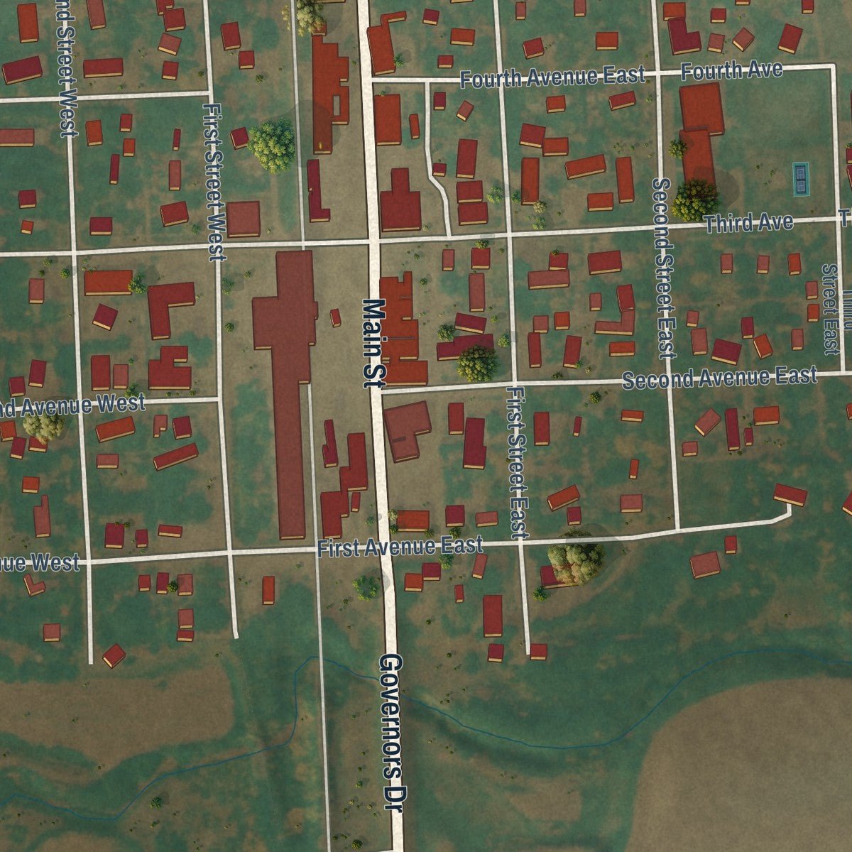 Close-up of the map of Hunter, North Dakota print showing street and building detail