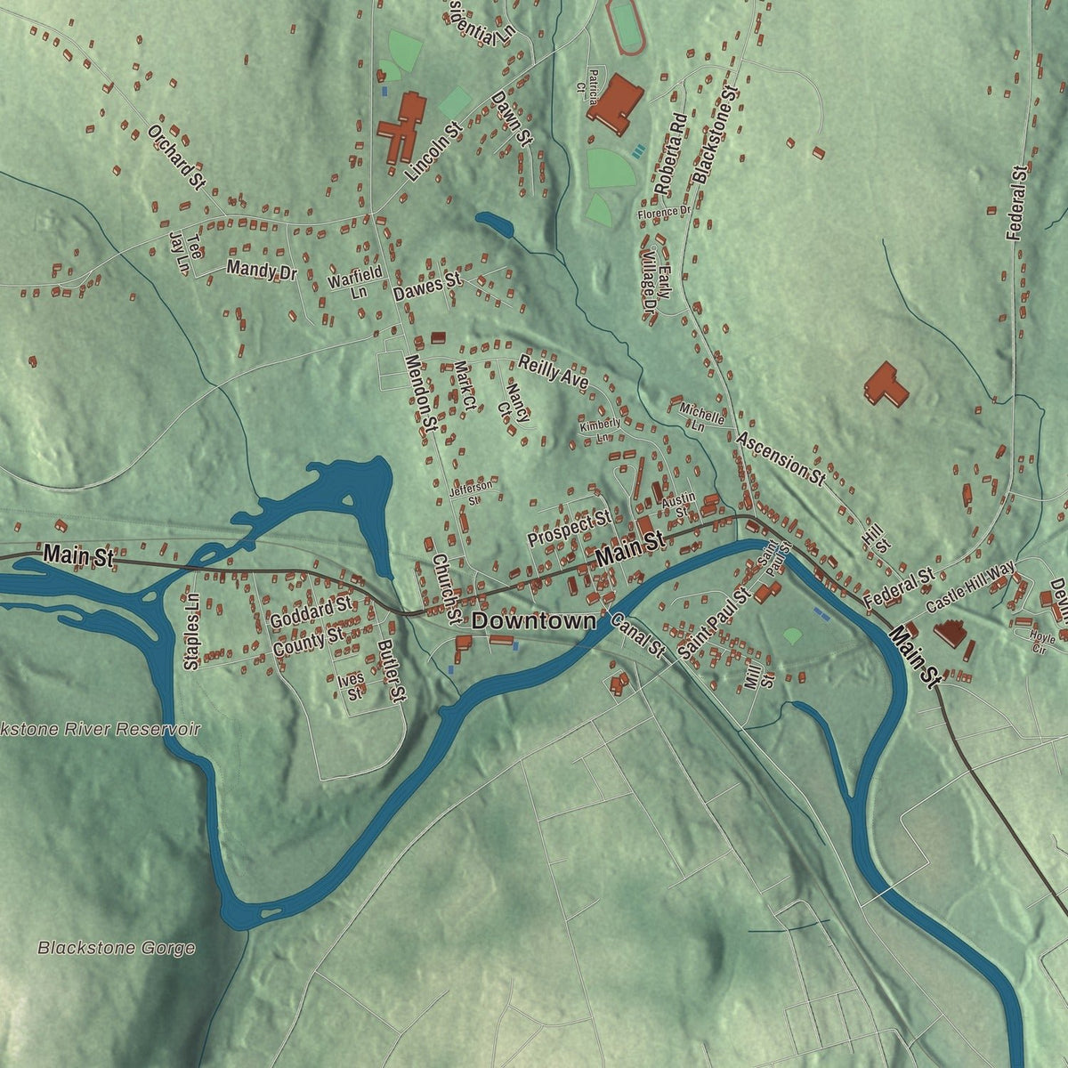 Close-up of the map of Blackstone, Massachusetts print showing streets and neighborhoods