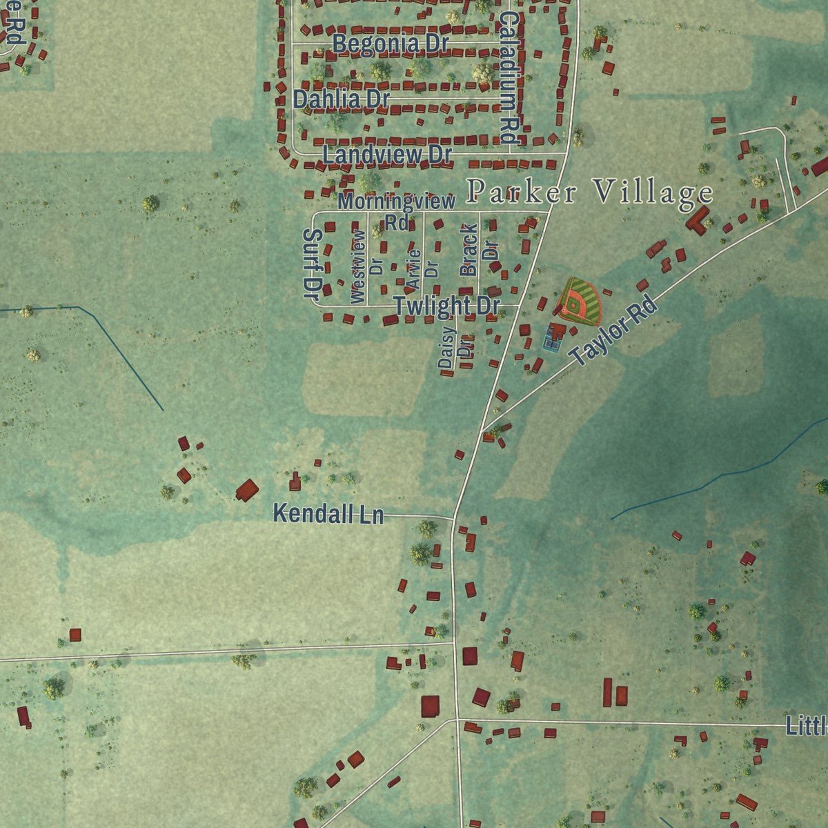 Close-up of the map of Taylor, Alabama print showing street and building detail