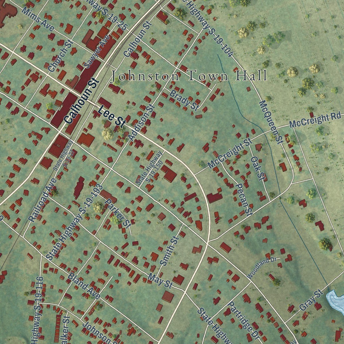 Close-up of the map of Johnston, South Carolina print showing street and building detail