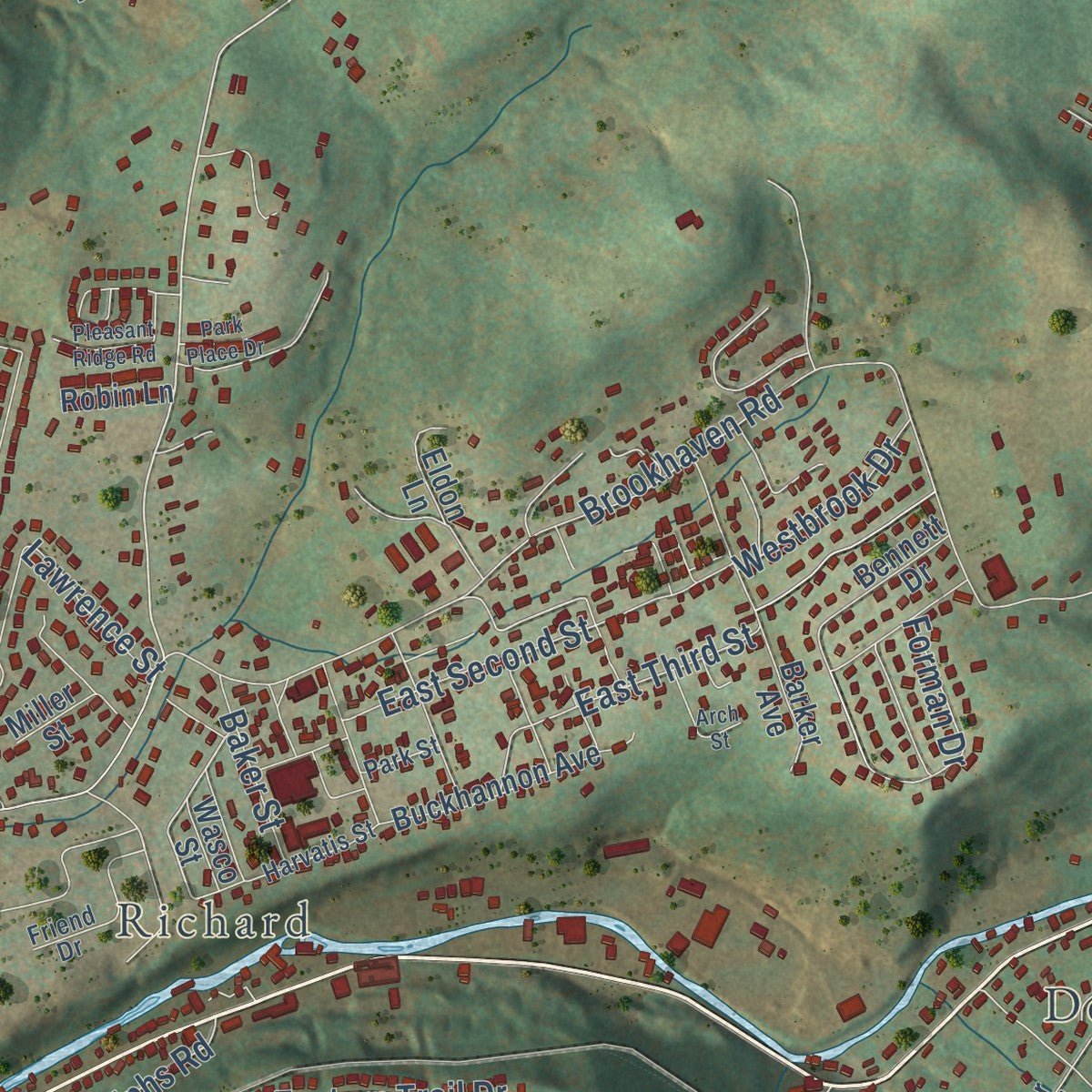 Close-up of the map of Brookhaven, West Virginia print showing street and building detail
