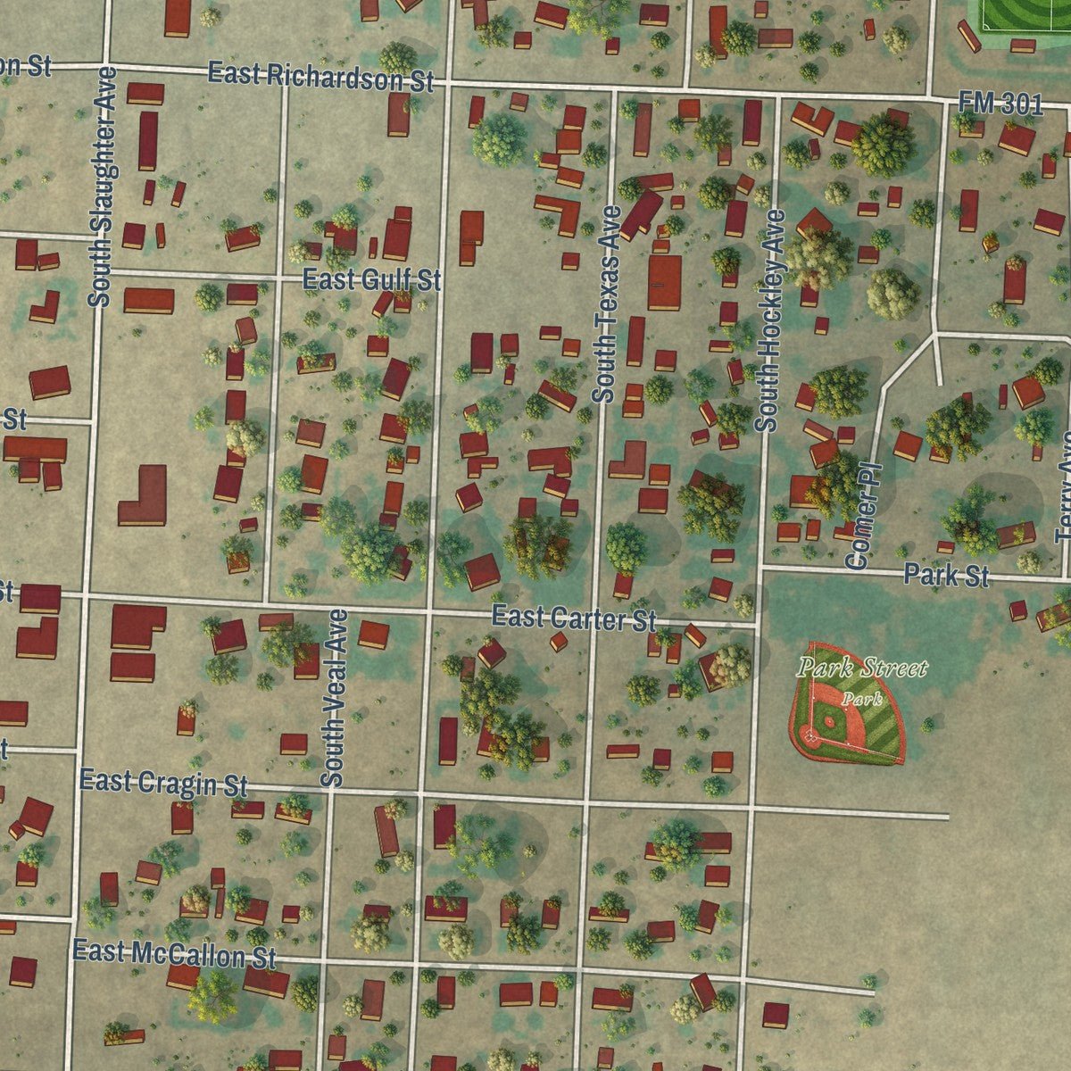 Close-up of the map of Sundown, Texas print showing street and building detail