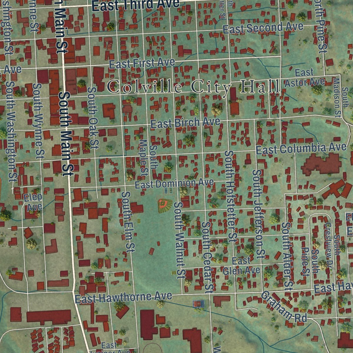 Close-up of the map of Colville, Washington print showing street and building detail