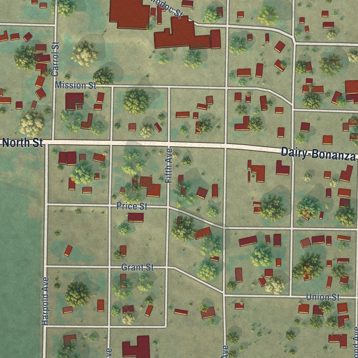 Close-up of the map of Bonanza, Oregon print showing street and building detail