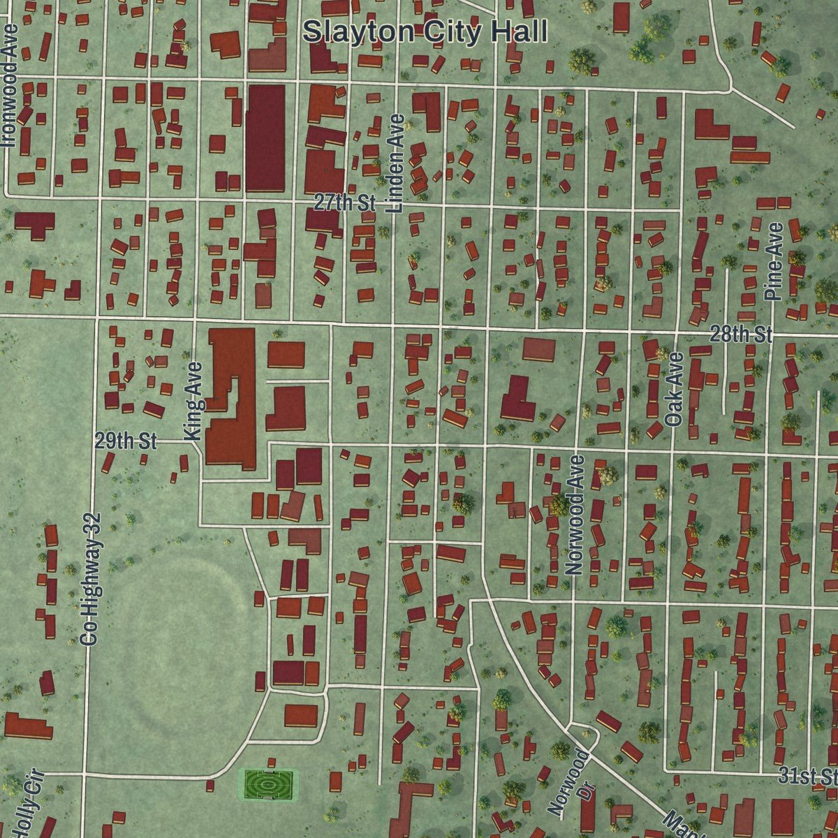 Close-up of the map of Slayton, Minnesota print showing street and building detail