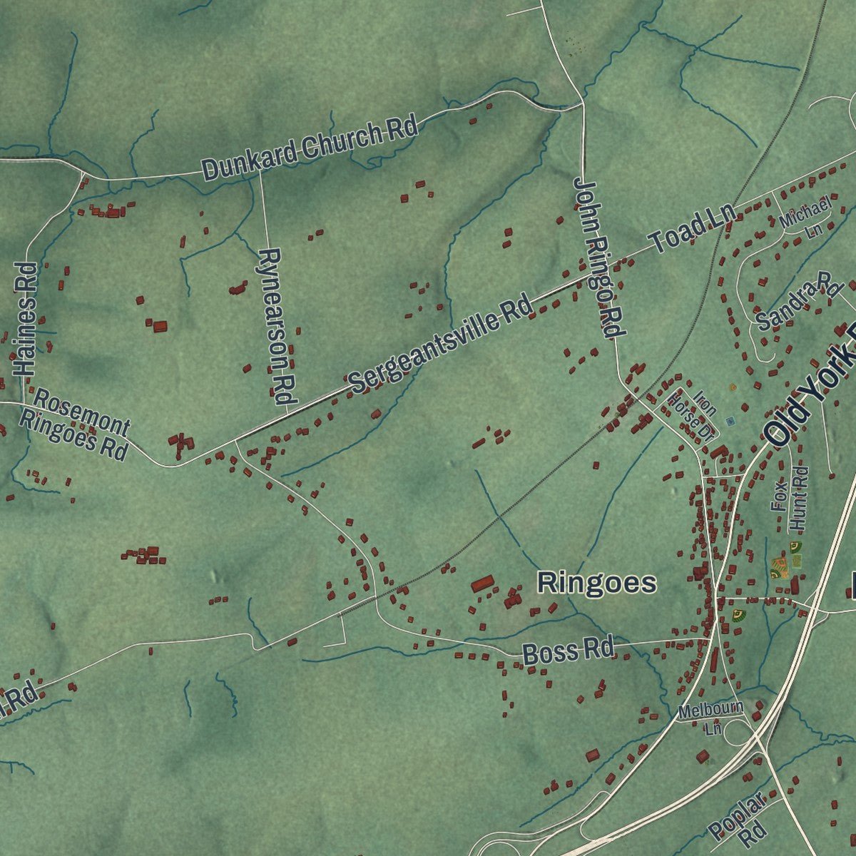 Close-up of the map of East Amwell, New Jersey print showing street and building detail