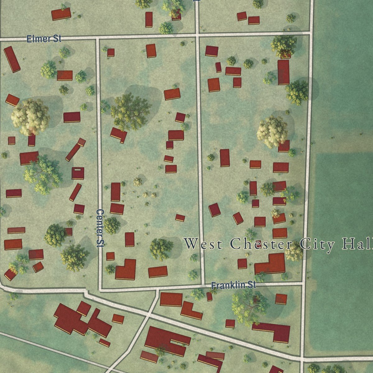 Close-up of the map of West Chester, Iowa print showing street and building detail