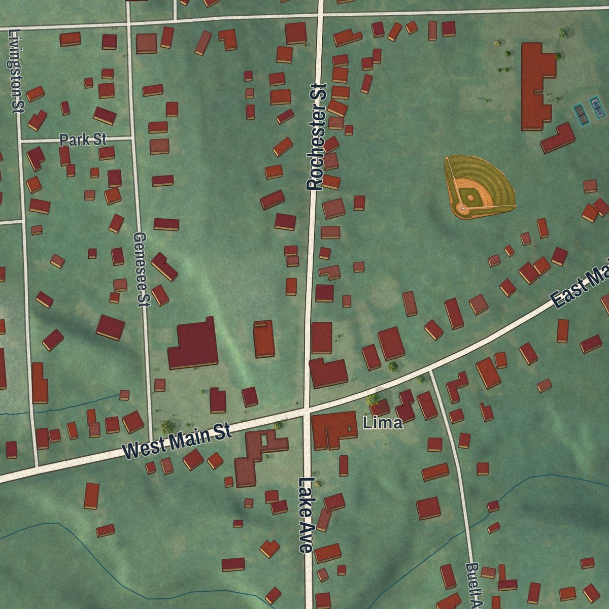 Close-up of the map of the Village of Lima, New York print showing street and building detail