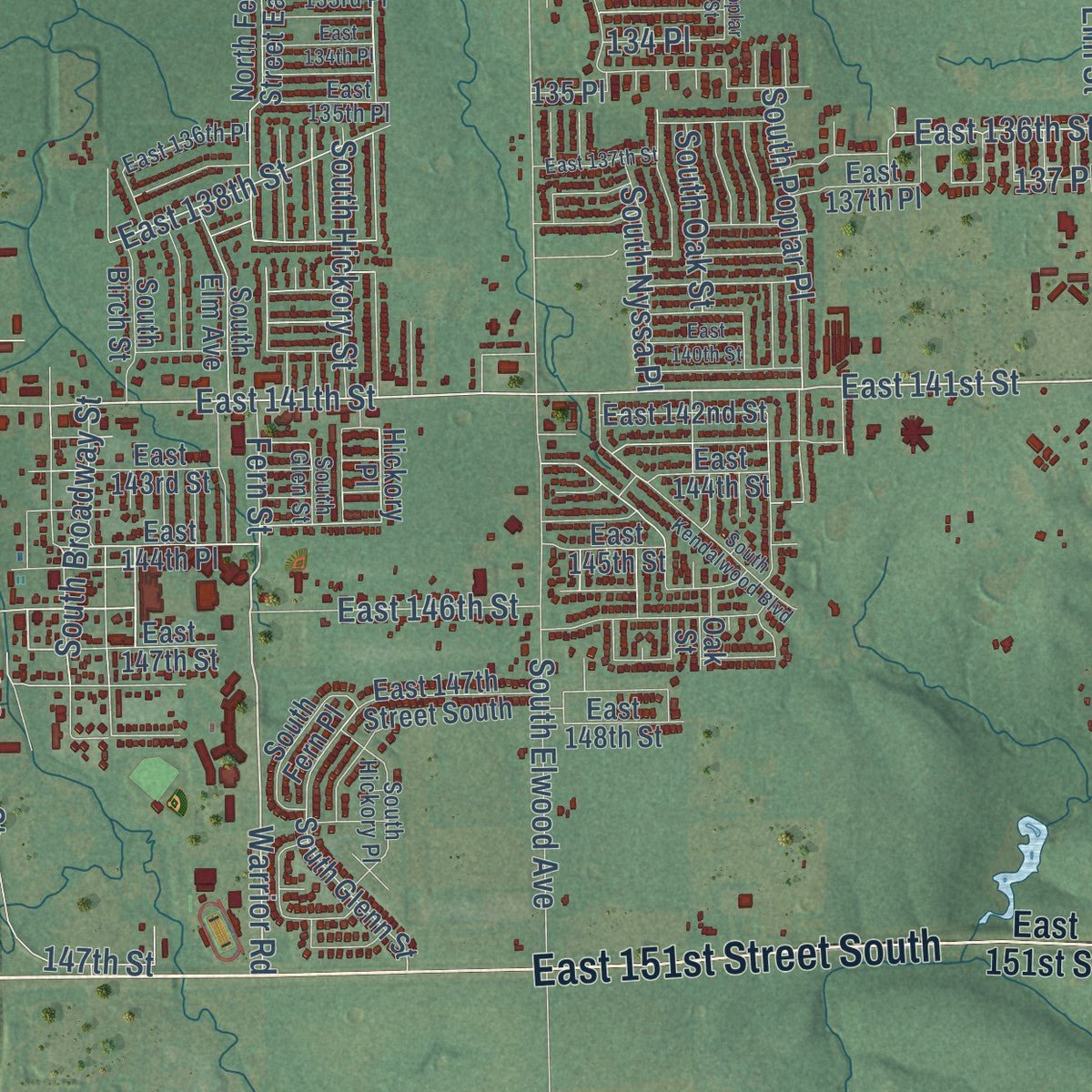 Close-up of the map of Glenpool, Oklahoma print showing street and building detail