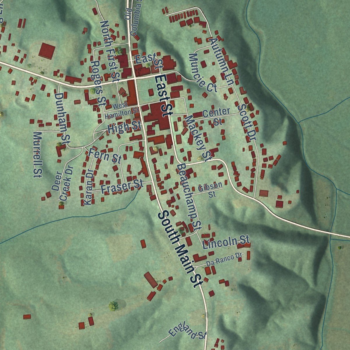 Close-up of the map of Edmonton, Kentucky print showing street and building detail