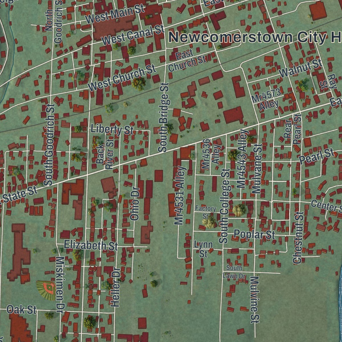 Close-up of the map of Newcomerstown, Ohio print showing street and building detail