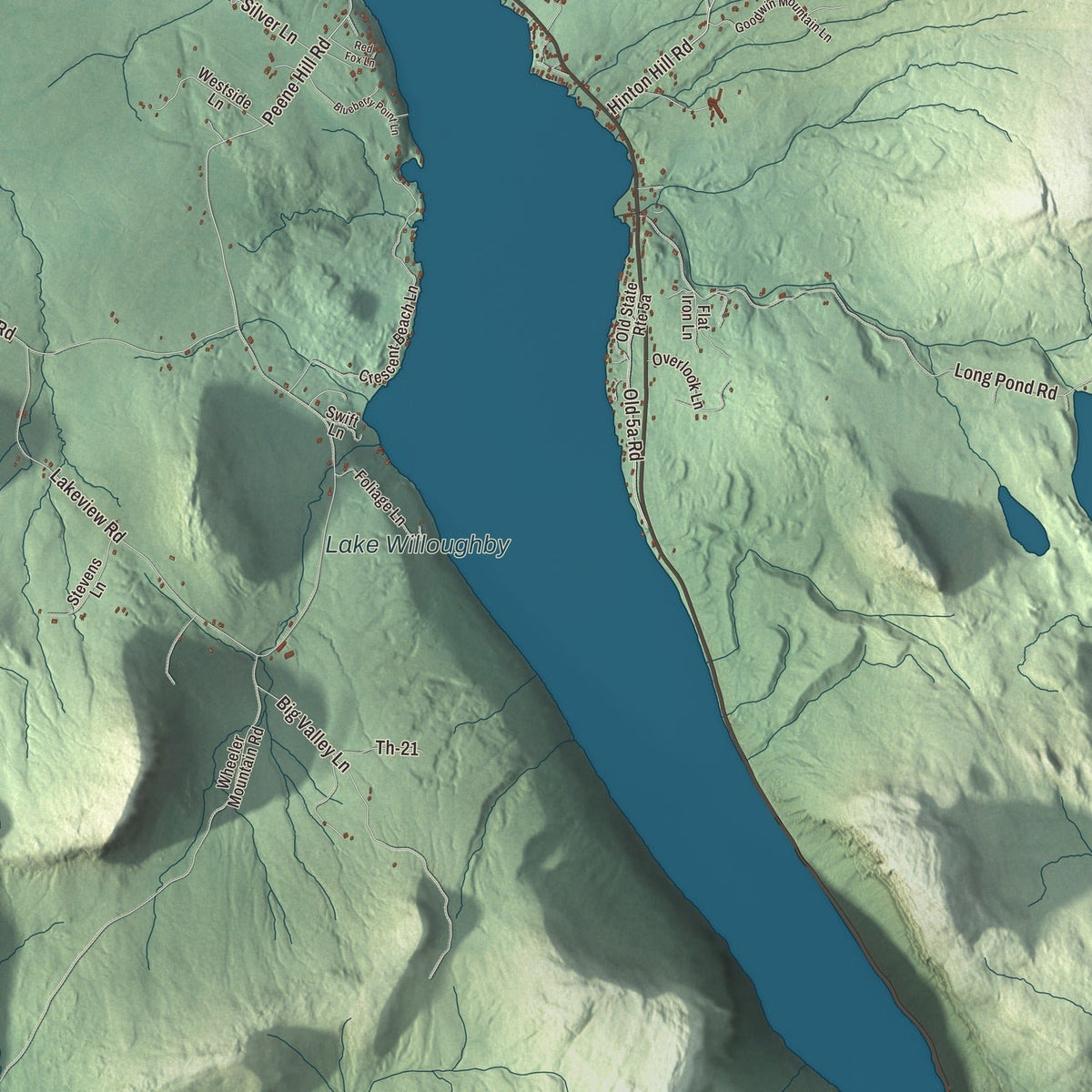 Close-up of the map of Westmore, Vermont print showing streets and neighborhoods