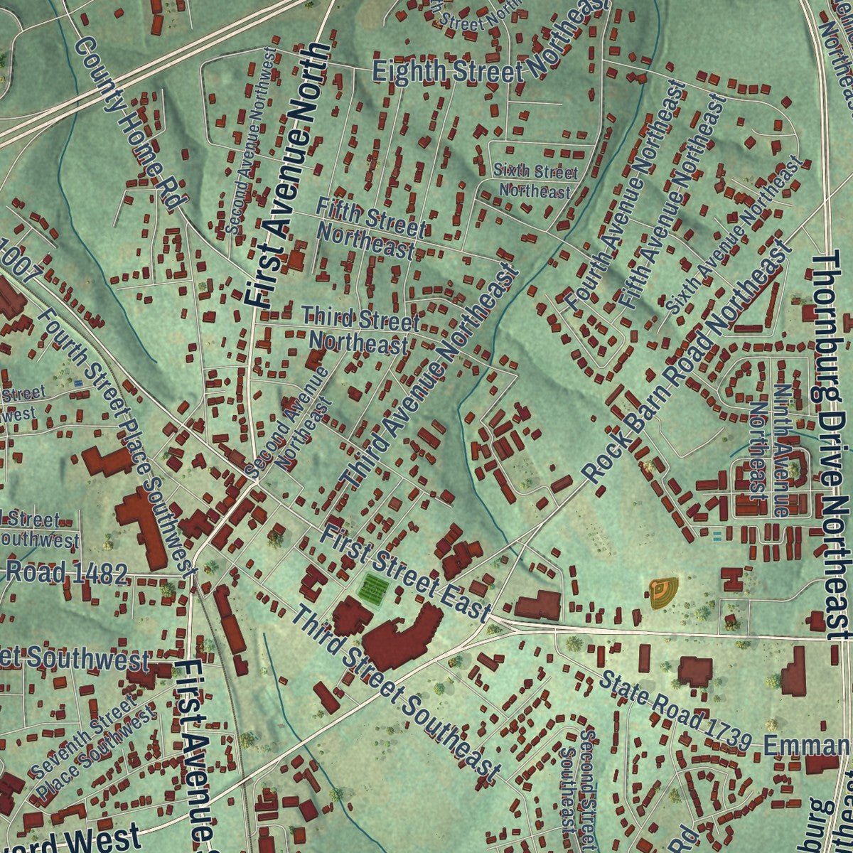Close-up of the map of Conover, North Carolina print showing street and building detail