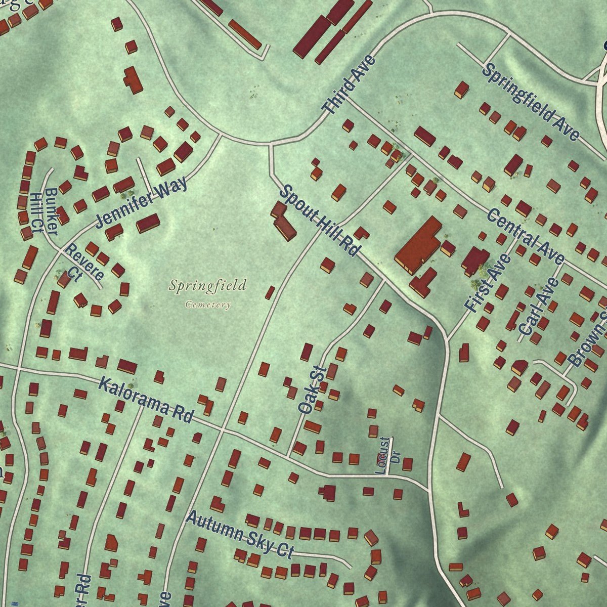 Close-up of the map of Sykesville, Maryland print showing street and building detail