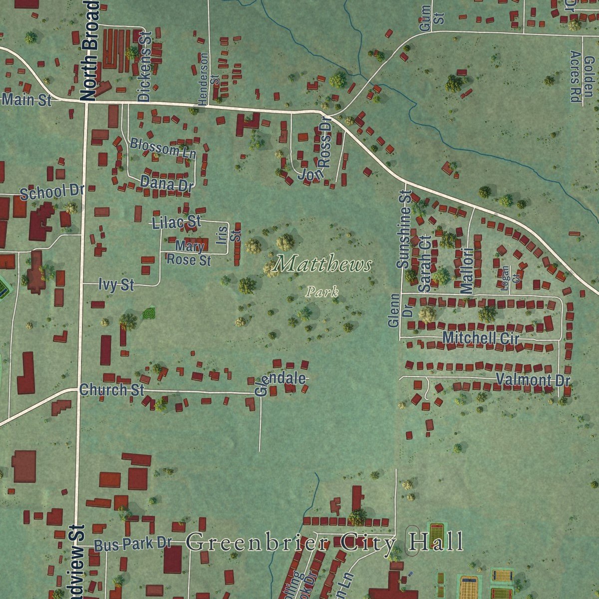 Close-up of the map of Greenbrier, Arkansas print showing street and building detail