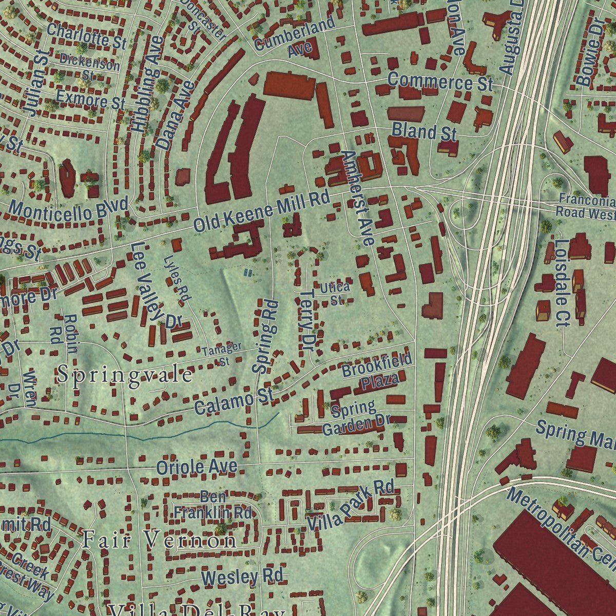 Close-up of the map of Springfield, Virginia print showing street and building detail