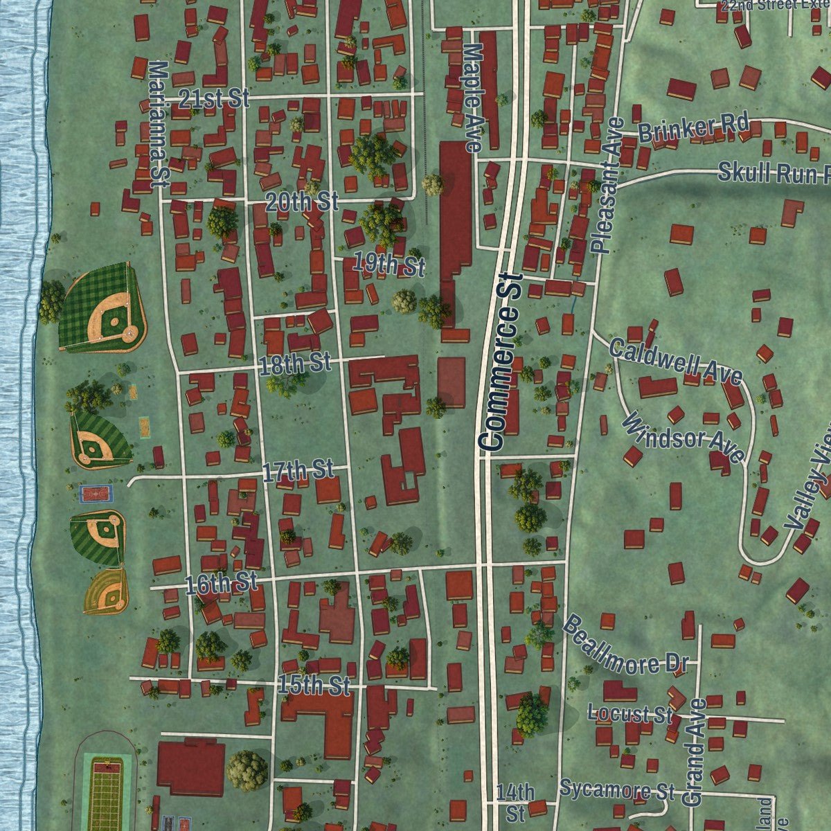 Close-up of the map of Wellsburg, West Virginia print showing street and building detail