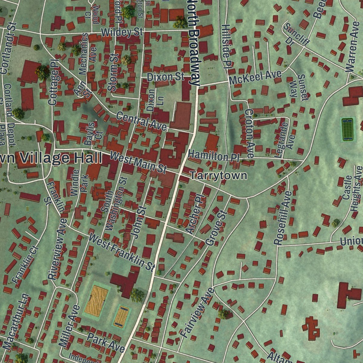 Close-up of the map of Tarrytown, New York print showing street and building detail
