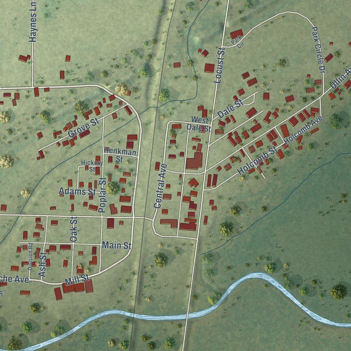 Close-up of the map of Ullin, Illinois print showing street and building detail