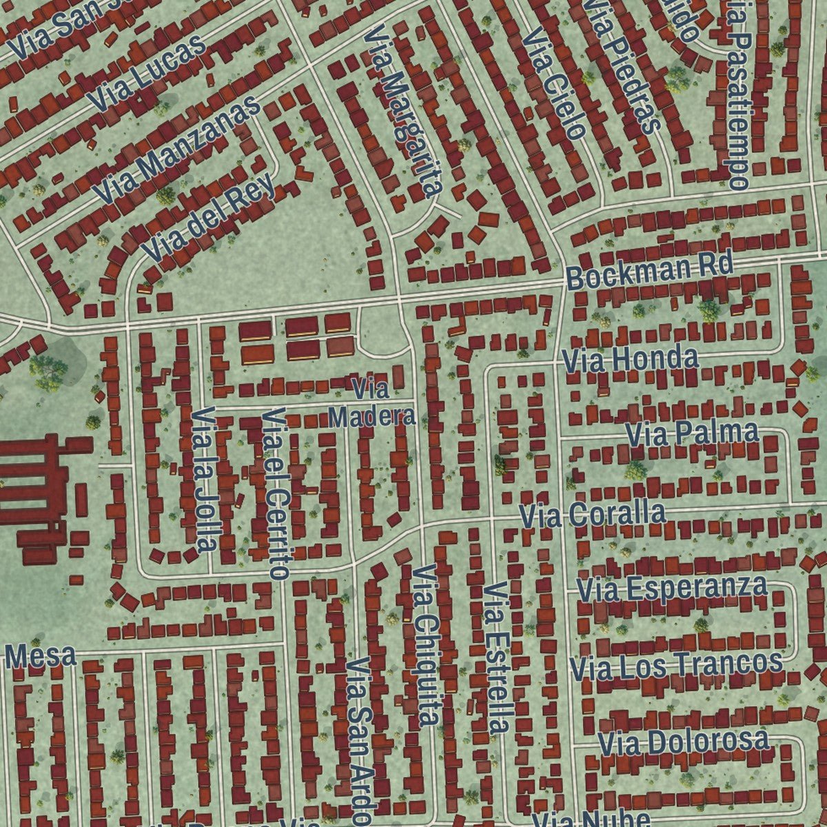 Close-up of the map of San Lorenzo, California print showing street and building detail