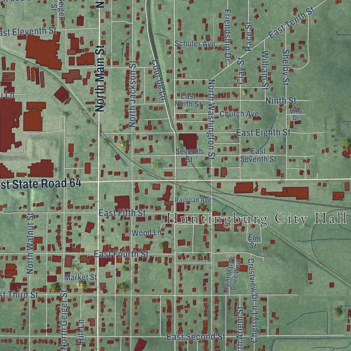 Close-up of the map of Huntingburg, Indiana print showing street and building detail