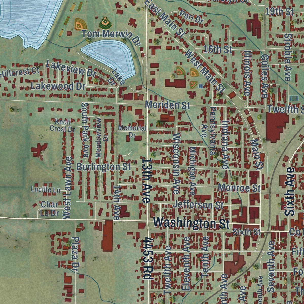 Close-up of the map of Mendota, Illinois print showing street and building detail