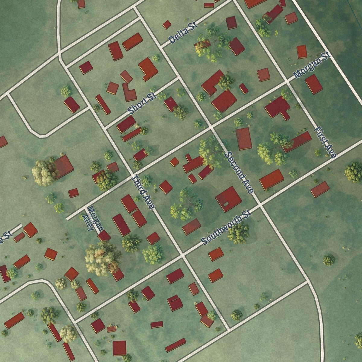 Close-up of the map of Morgan City, Mississippi print showing street and building detail