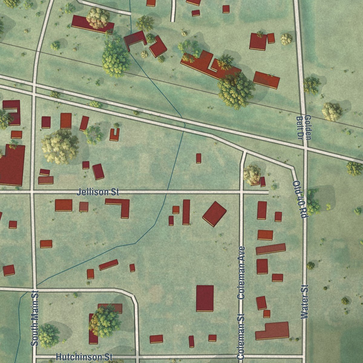 Close-up of the map of Dorrance, Kansas print showing street and building detail