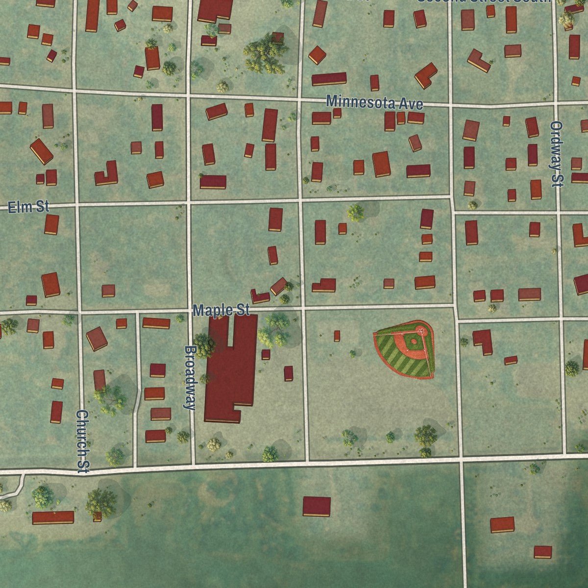 Close-up of the map of Tower City, North Dakota print showing street and building detail